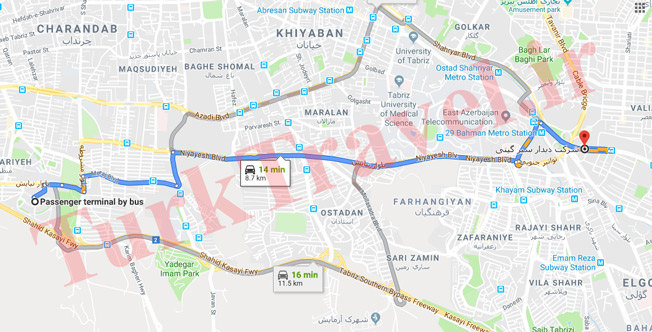 نقشه مسیر ترمینال تبریز تا شرکت دیدار سیر گیتی (ایستگاه ون های شهر وان)
