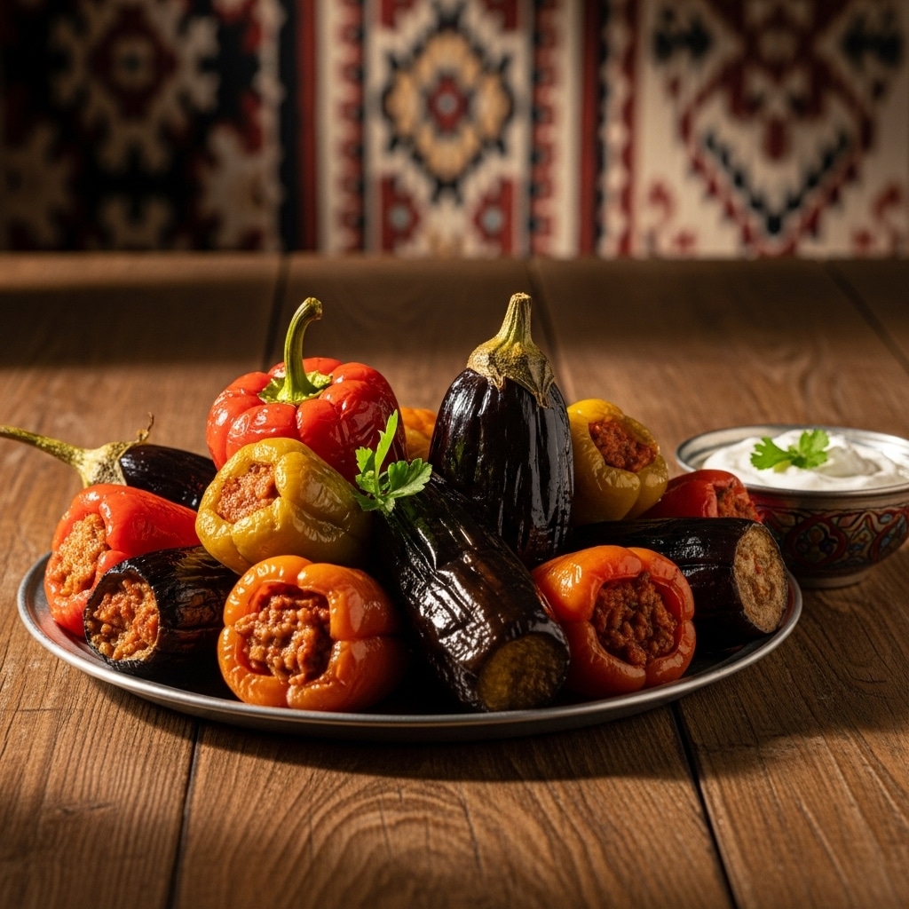 تصویری زیبا از دلمه فلفل و بادمجان ترکی با چیدمان سنتی